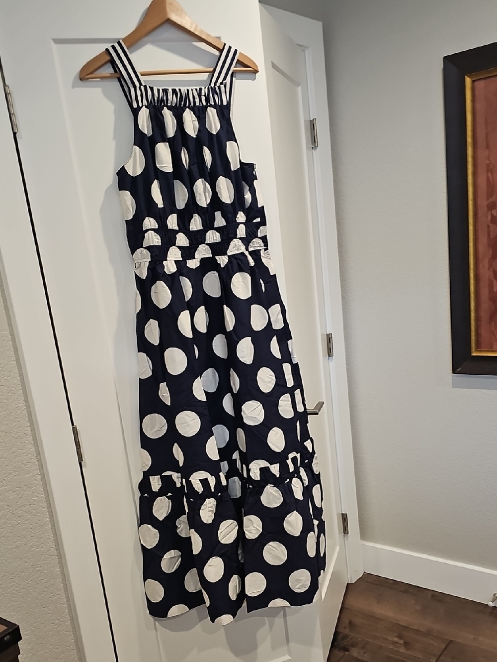 Anthropologie Navy and White Polka Dot Midi Dress